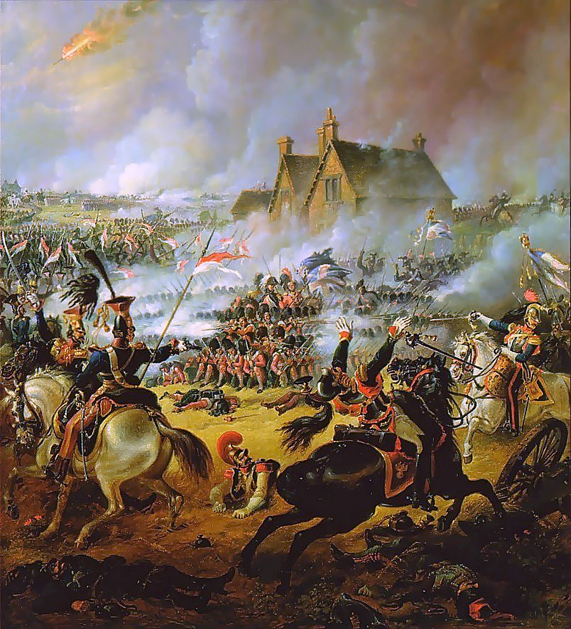 A painting of French and English troops fighting at the Battle of Waterloo.  Officers on horseback are in the foreground, and troops in formation are in the background.  One officer is in the process of falling off a black horse.  