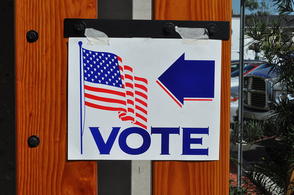 Sign on a fence showing a US flag and an arrow to the left, with the word VOTE in all caps and blue lettering underneath.  The commission has several ideas to make voting easier and to encourage a culture of voting in the US.