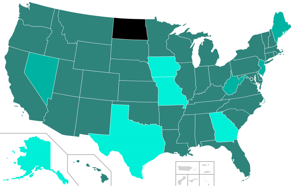 A map of the US is shown, with states colored differently depending on when or if they allow teenagers to pre-register to vote.  