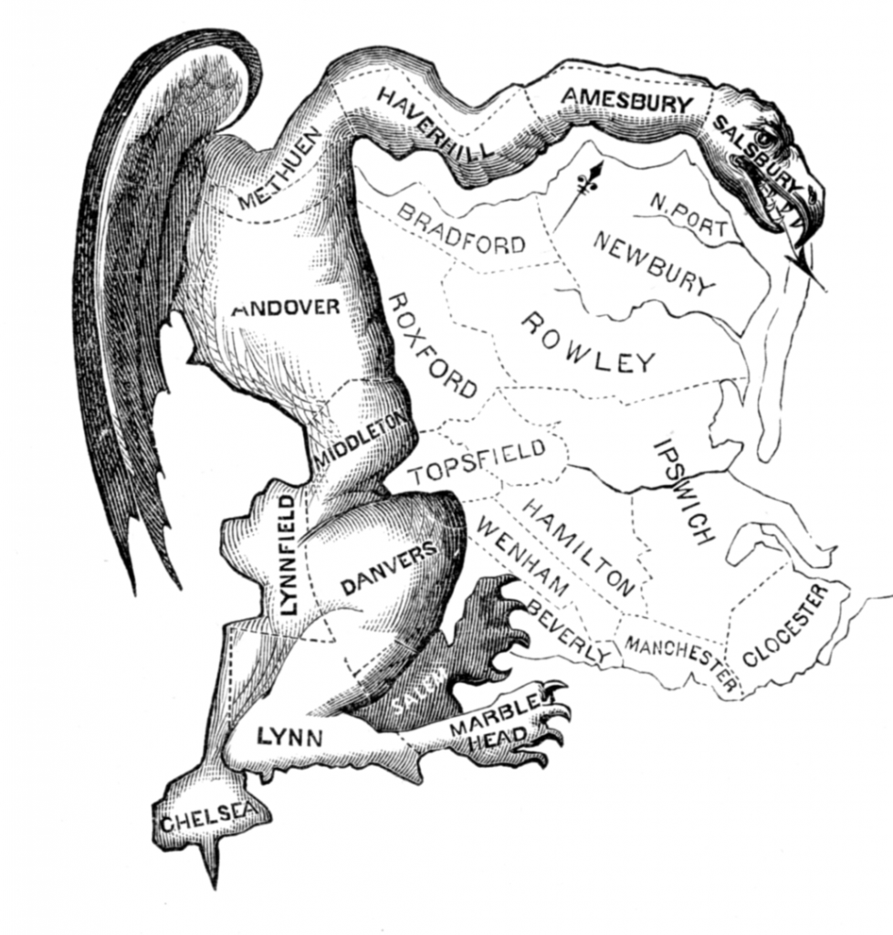The original 1812 political cartoon depicting a state senate election district in Massachusetts as a sort of dragon/salamander hybrid.  The term gerrymander was coined based on the shape of this district and the last name of then Governor Elbridge Gerry.  Image reflects the problem of gerrymandering in our elections.  